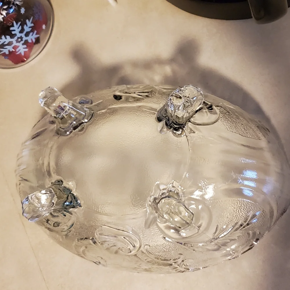 Etched glass footed oval serving bowl with gold trim